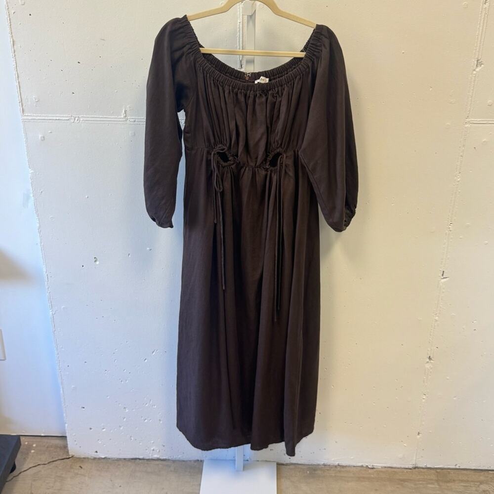 DISSH Linen Boho Western Off The Shoulder Midi Dress Cutouts Brown Sz 12